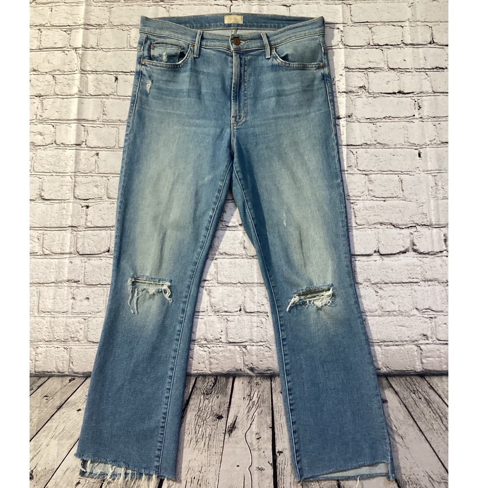 Mother The Insider Crop Step Fray Jeans Thrilling Shots Blue Distressed Size 31